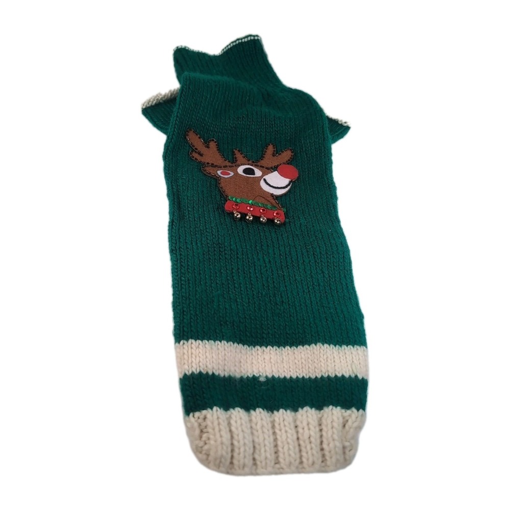 Liz Claiborn Crochet Christmas Dog Sweater Green W/Reindeer Face Size Medium - Picture 2 of 12